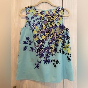 Talbots Small Aqua Floral‎ Sleeveless Blouse Pleated Front Office Spring
